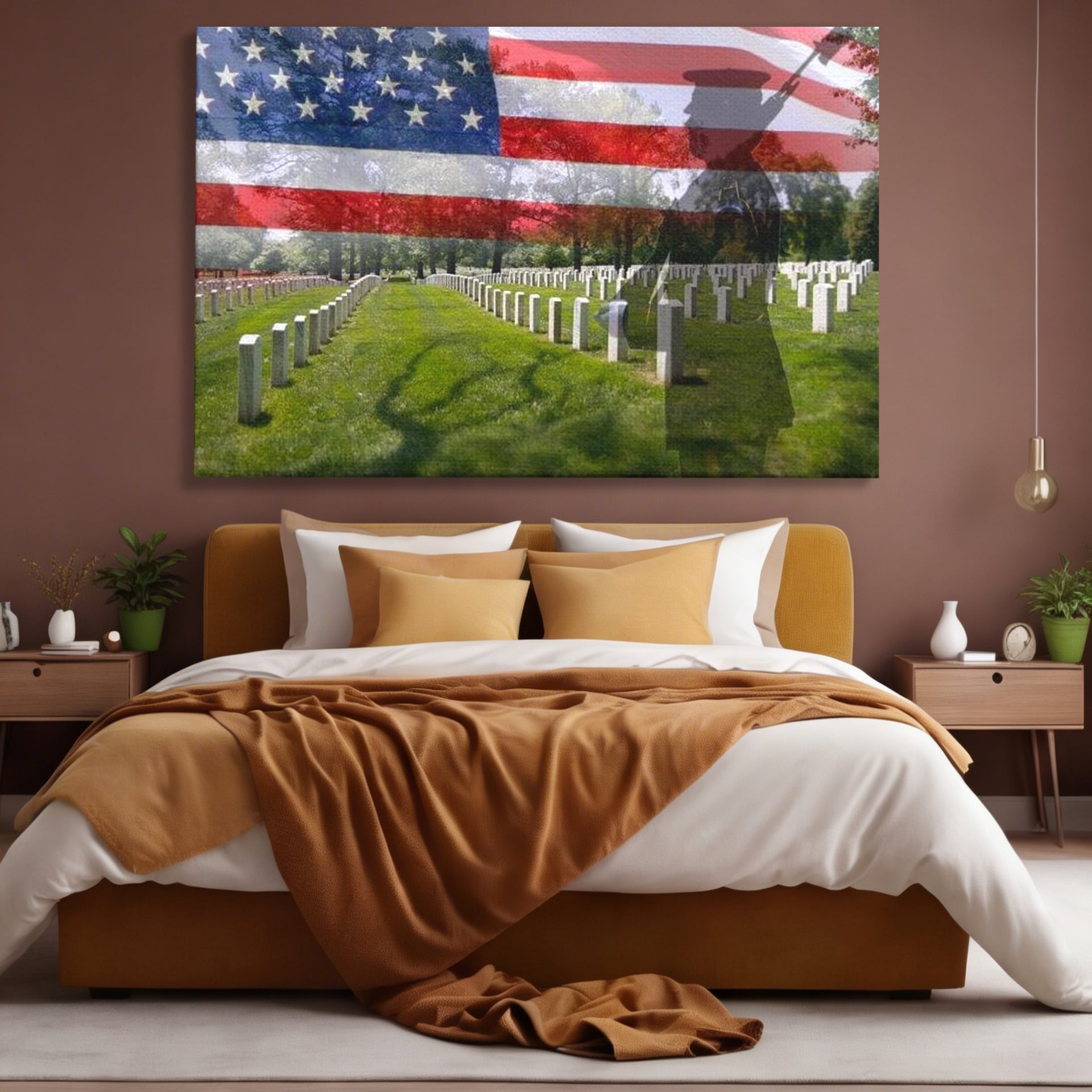 Tablou canvas cu tablou canvas cu silueta de soldat si steagul sua, fara rama, pe sasiu de lemn, pe perete intr-un dormitor